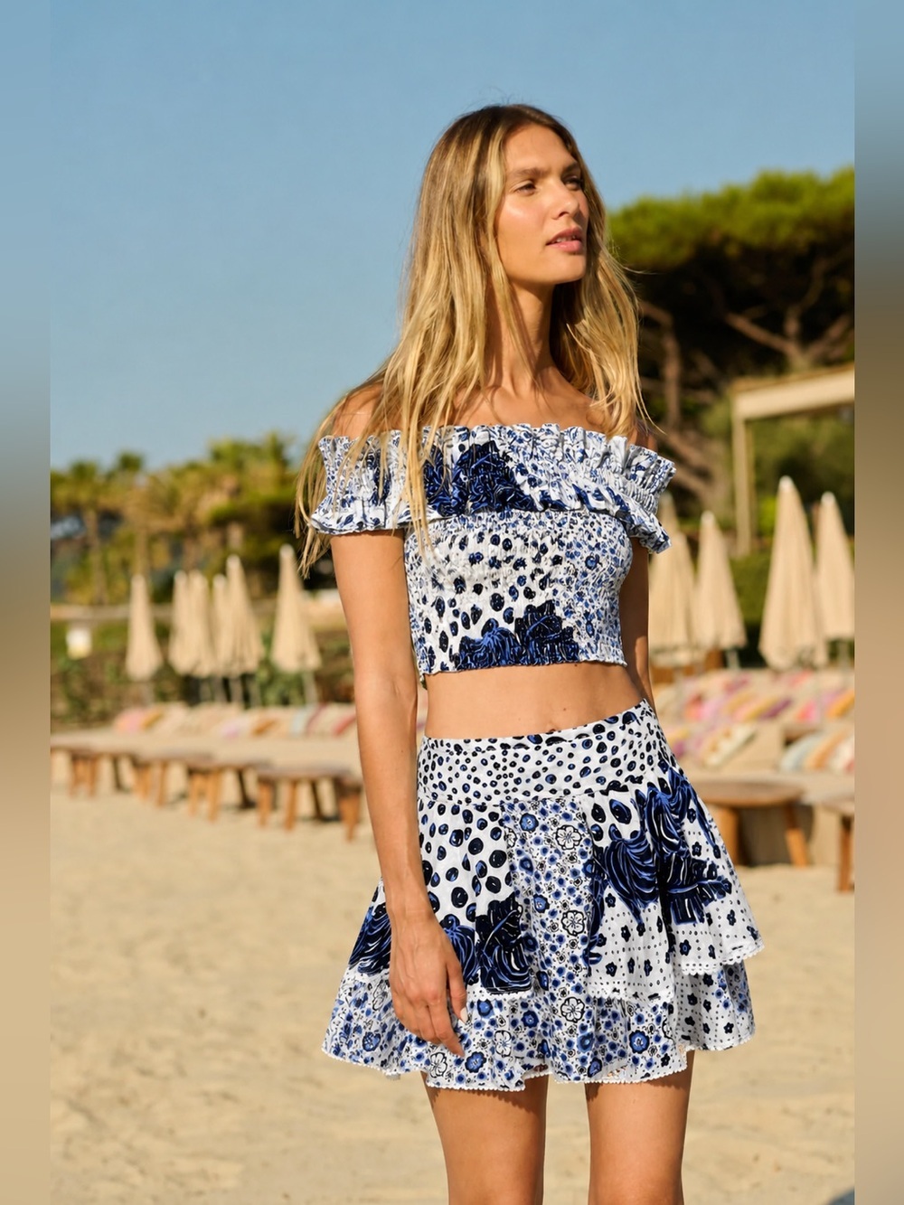 Poupette St Barth Naomi Ruffle Mini Skirt in Blue Black Persian Banana Print - Picture 2 of 10